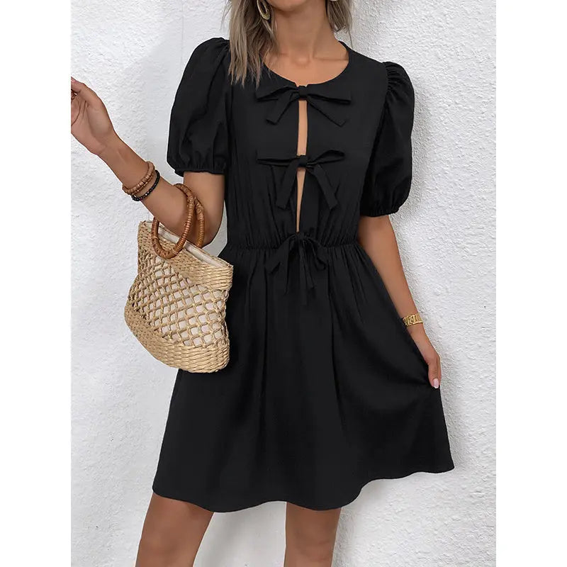 Women's Striped Tie Front Puff Sleeve Summer Casual Mini Dresses Loose Flowy Sundress Lady T Fashions