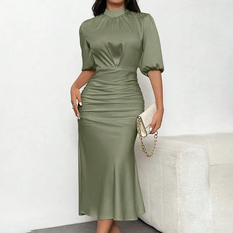 Women's Short Sleeve Mock Neck Ruched Midi Dress Slim Fit Elegant Party Dress Lady T Fashions