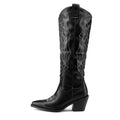 Women's Chunky Heel Spider Print Knee High Boots, Pointed Toe Solid Color Slip On Long Boots, Comfortable Shoes Lady T Fashions