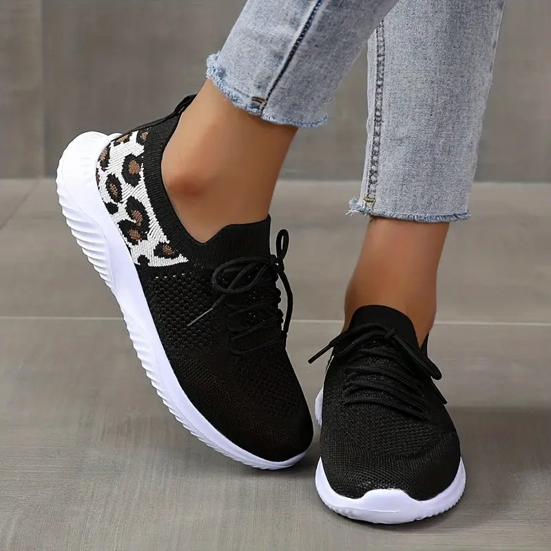 Women's Leopard Knit Sports Shoes, Breathable Lace Up Low Top Running Shoes, Casual Walking Tennis Sneakers Lady T Fashions