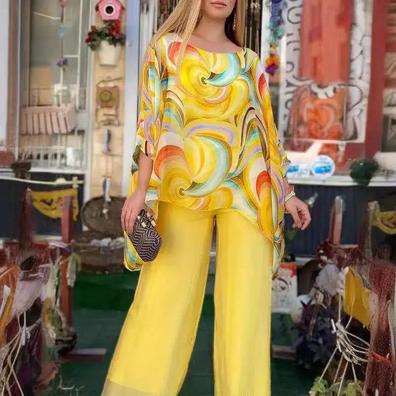 Summer New Colorful Chiffon Suit Casual Round Neck Printed Two-piece Suit Lady T Fashions