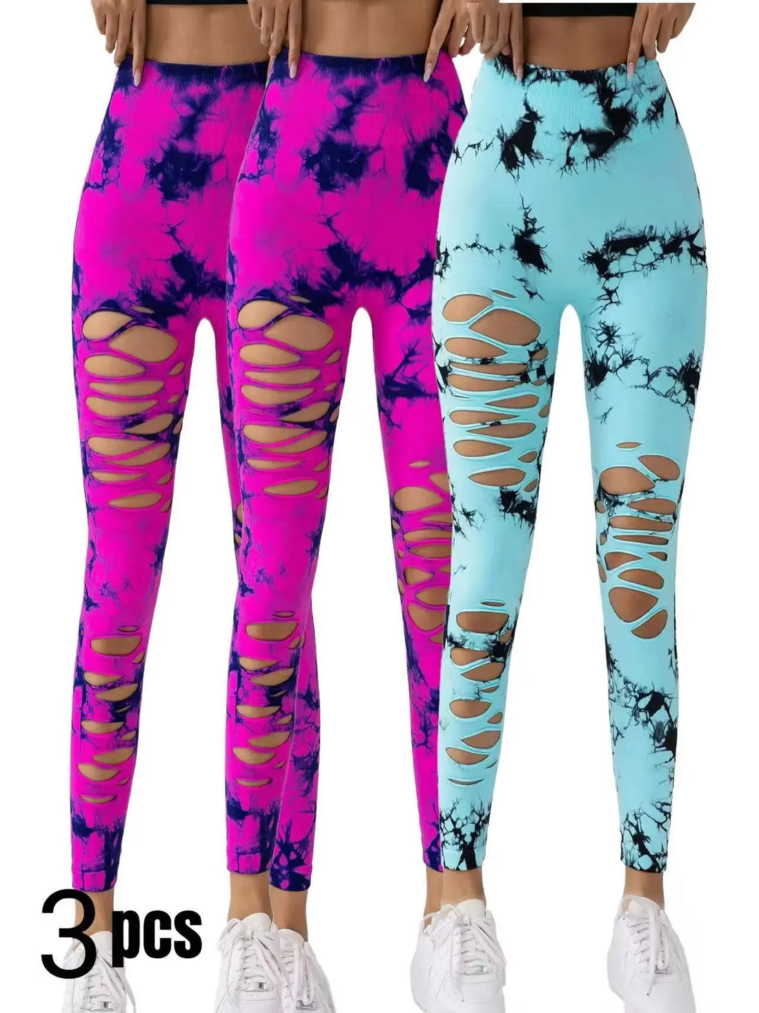 3 Pack New Style Hollow-Out Tie-Dye High-Waisted Tummy-Control Yoga Pants Lady T Fashions