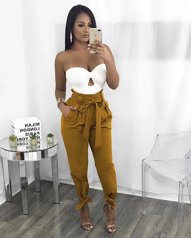 CALOFE Summer Autumn Loose Bow Ruffle Women Pants Summer Casual Belt High Waist Solid Trousers Steetwear Female Pants Lady T Fashions