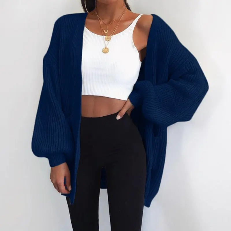 Solid color loose European and American sweater mid-length cardigan Lady T Fashions