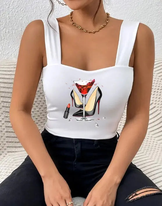 Ladies' Fashionable And Versatile Wide Shoulder Strap High Heels, Red Wine Lipstick Printed Pattern Camisole Vest Lady T Fashions
