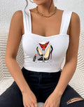 Ladies' Fashionable And Versatile Wide Shoulder Strap High Heels, Red Wine Lipstick Printed Pattern Camisole Vest Lady T Fashions