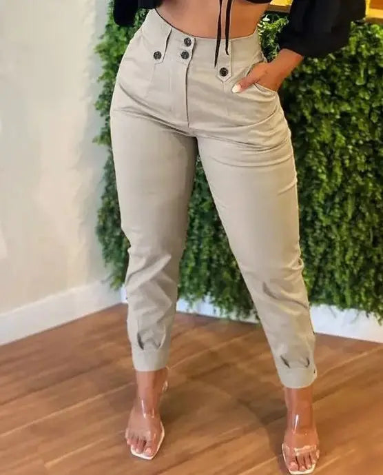 Women's Solid Color Non Elastic Belt Button Detail Four Season Fashion Pants Lady T Fashions