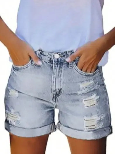 Womens Mid-High Rise Ripped Jean Shorts Distressed Stretchy Denim Shorts Lady T Fashions