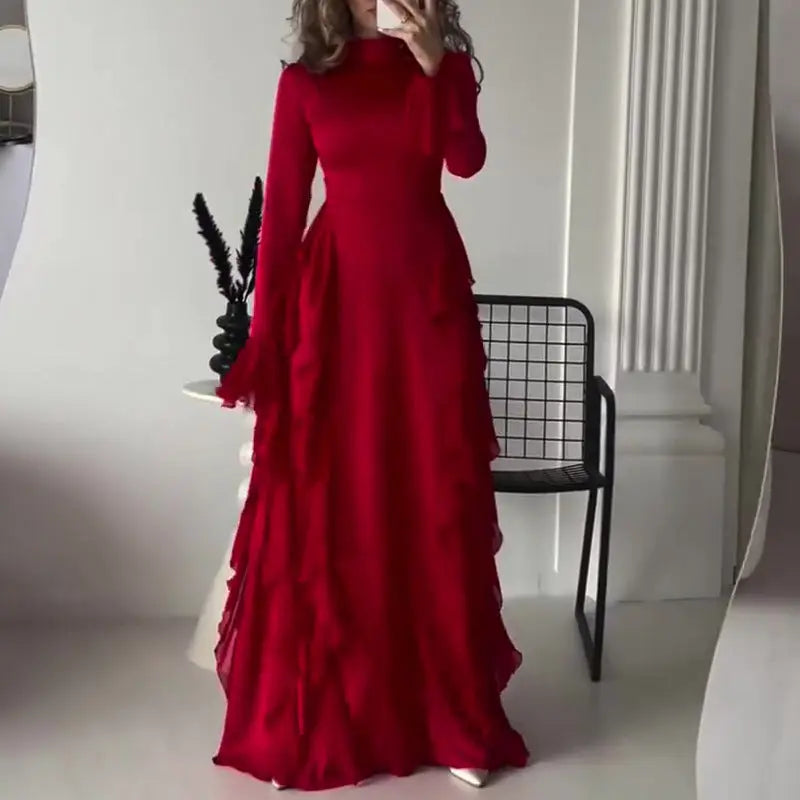 Women's Round-neck Flared Sleeves Temperament High Waist Slimming Patchwork Dress Lady T Fashions
