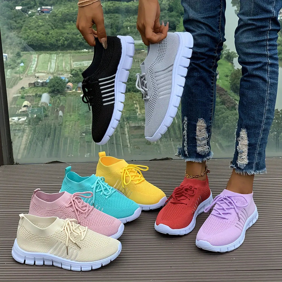 Women's Mesh Breathable Running Shoes, Solid Color Lace Up Front Summer Walking Shoes, Flying Woven Casual Sneakers Lady T Fashions