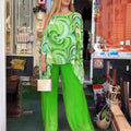 Summer New Colorful Chiffon Suit Casual Round Neck Printed Two-piece Suit Lady T Fashions