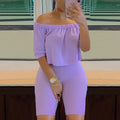 Sexy Solid Fashion Pantsuits Two-piece Set, Off Shoulder Short Sleeve Tops & Slim Shorts Set, Women's Clothing Lady T Fashions