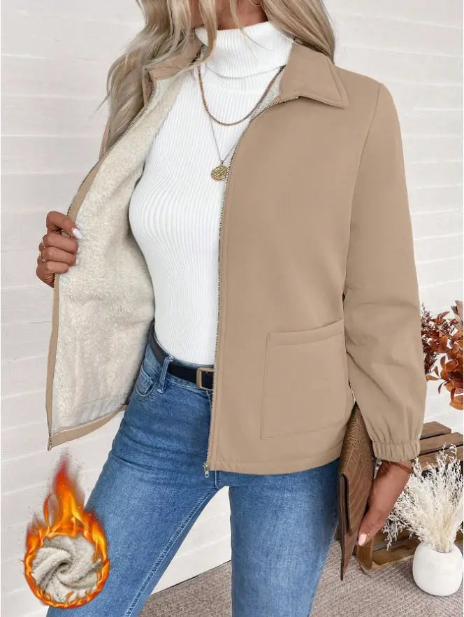Casual Solid Color Zipper Fleece Jacket, Autumn Winter Lady T Fashions