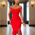 Women's Solid Color Beaded Off-Shoulder Bodycon Dress - Ruffle Hem & Slit Tight Midi Dress For Summer Parties Lady T Fashions