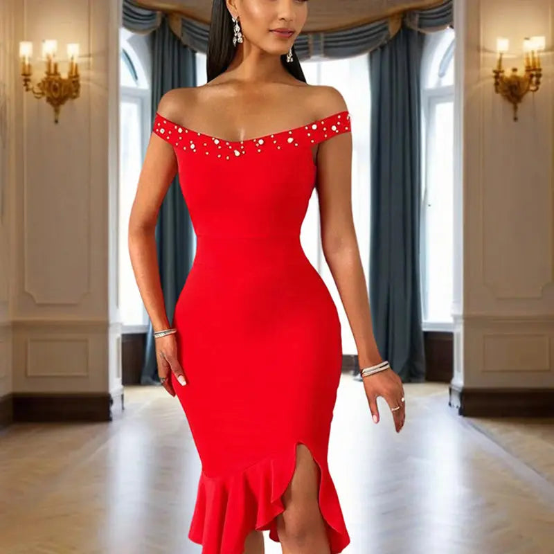 Women's Solid Color Beaded Off-Shoulder Bodycon Dress - Ruffle Hem & Slit Tight Midi Dress For Summer Parties Lady T Fashions