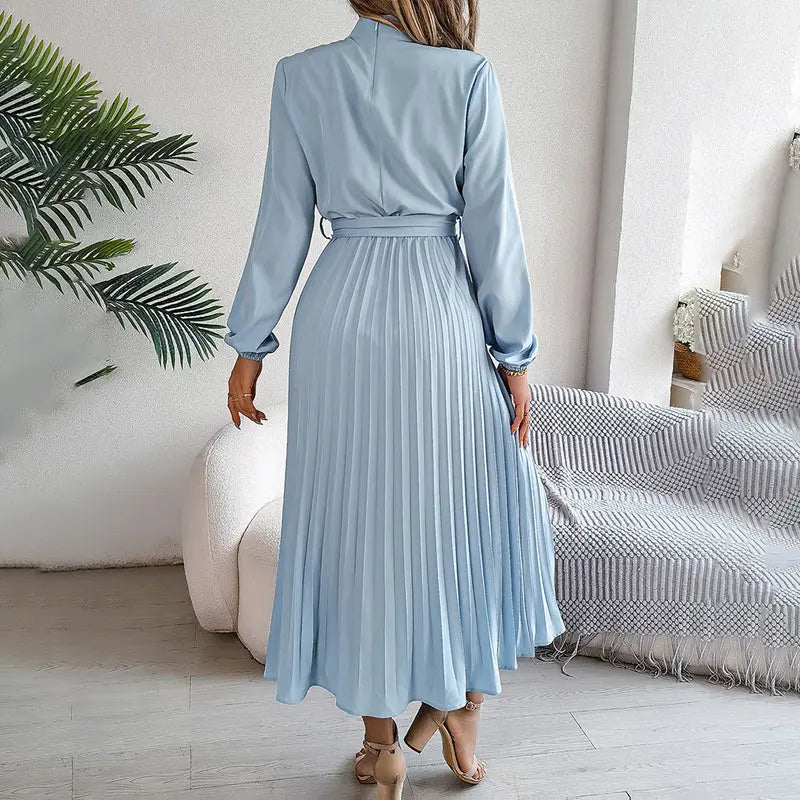 Elegant High Neck Long Sleeve Pleated Maxi Dress - Solid Color Flowy Dress For Women, Casual To Formal Wear Lady T Fashions