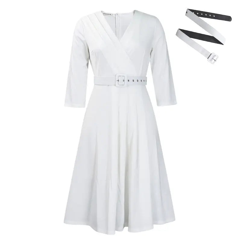 Women's Elegant V-Neck Cross-Wrap A-Line Dress With Belt & Ruffled Hem - Office & Casual Solid Dress For Spring&Summer Lady T Fashions