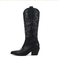 Women's Chunky Heel Spider Print Knee High Boots, Pointed Toe Solid Color Slip On Long Boots, Comfortable Shoes Lady T Fashions