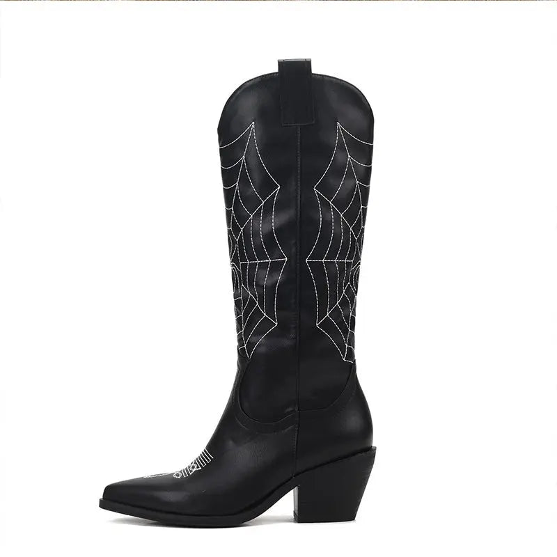 Women's Chunky Heel Spider Print Knee High Boots, Pointed Toe Solid Color Slip On Long Boots, Comfortable Shoes Lady T Fashions