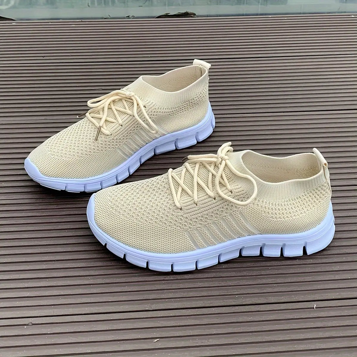 Women's Mesh Breathable Running Shoes, Solid Color Lace Up Front Summer Walking Shoes, Flying Woven Casual Sneakers Lady T Fashions