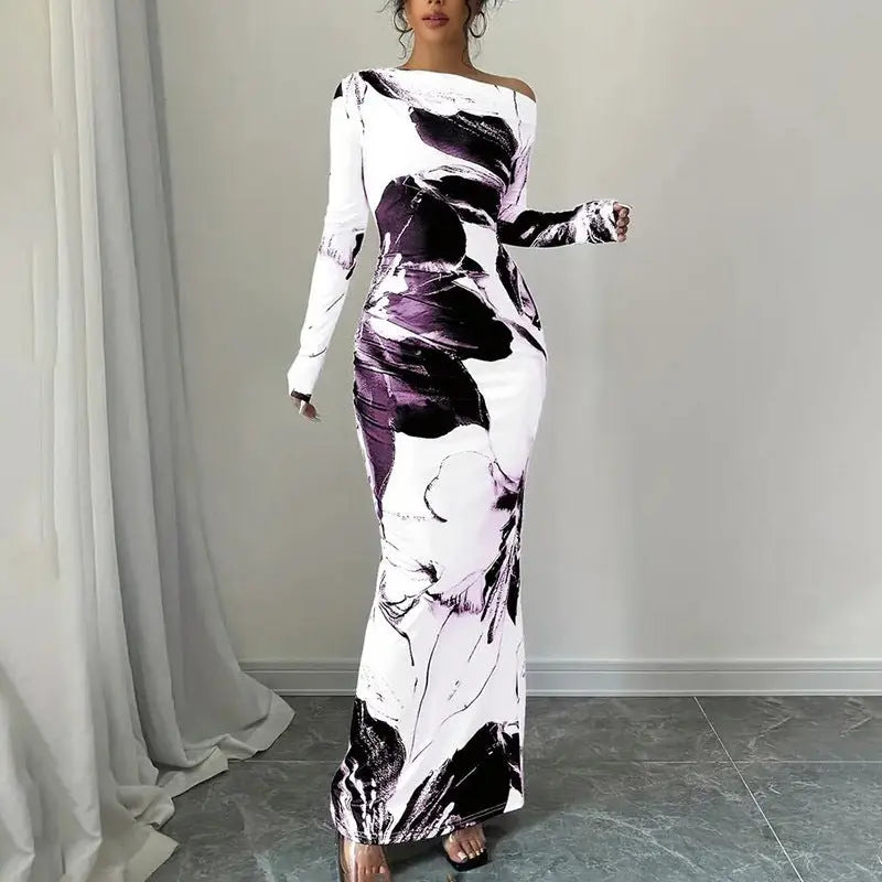 Women's Elegant Off-Shoulder Tie-Dye Floral Bodycon Dress Stretchy Season Party & Casual Dress Lady T Fashions
