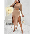 Women Summer 2 Piece Skirt Sets Long Sleeve Square Neck Crop Top Ruffle Trim Irregular Split Sexy Club Party Skirt Outfits Lady T Fashions