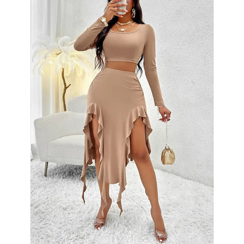 Women Summer 2 Piece Skirt Sets Long Sleeve Square Neck Crop Top Ruffle Trim Irregular Split Sexy Club Party Skirt Outfits Lady T Fashions