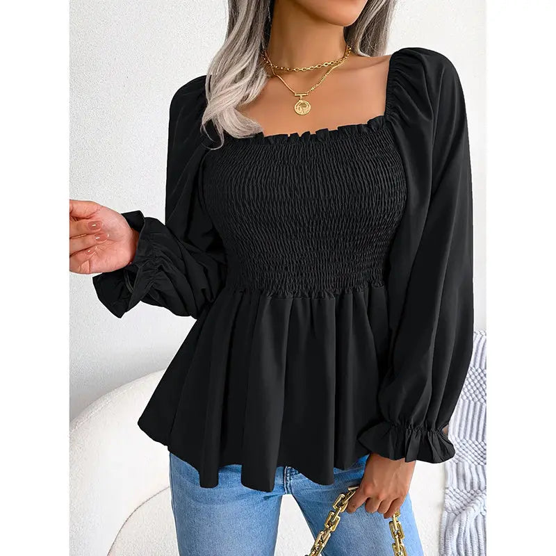 Women's Peplum Tops Square Neck Ruffle Trim Long Sleeve Blouse Smocked Top Dressy Casual Shirts Lady T Fashions