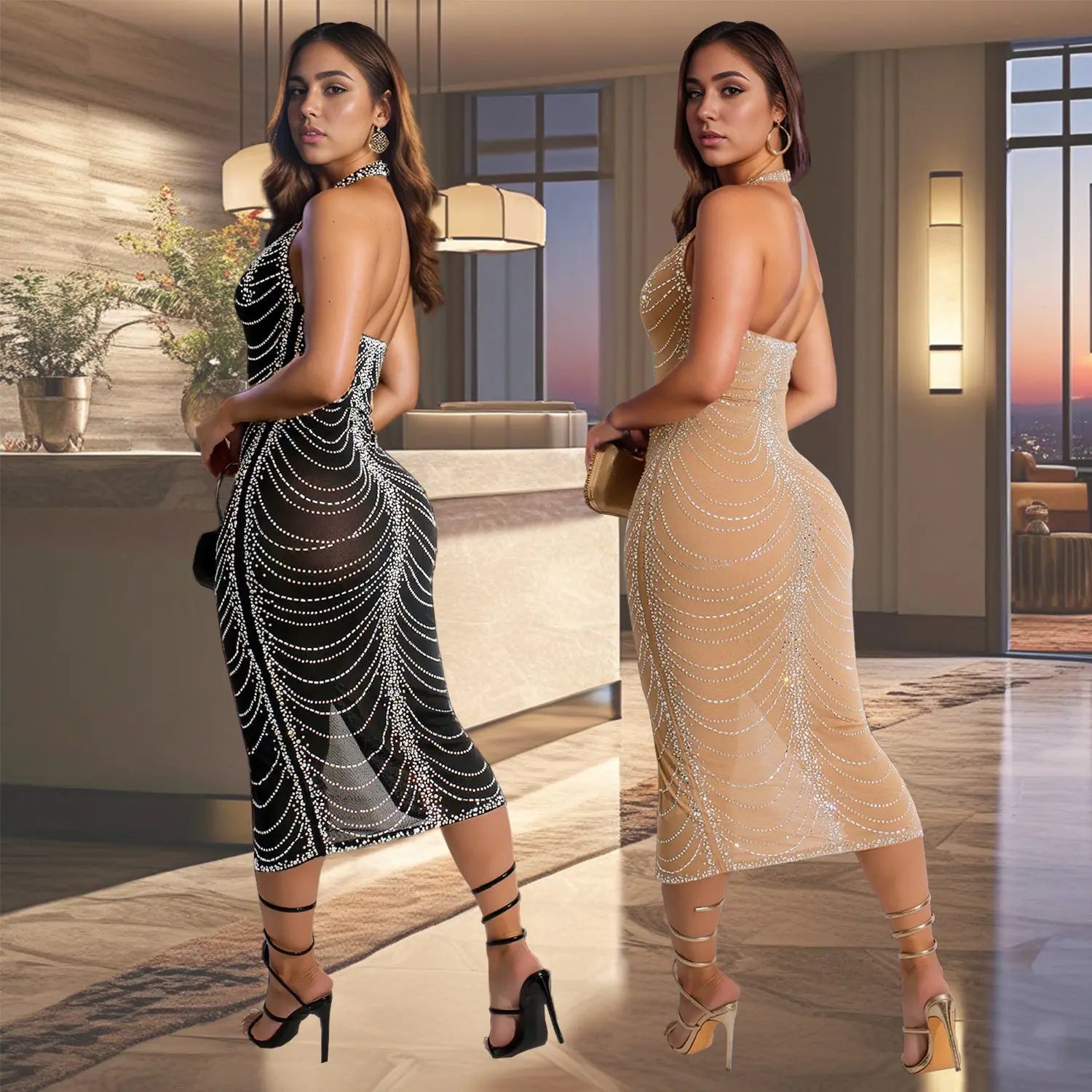 European And American Fashion Rhinestone Slim Fit Dress Lady T Fashions