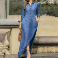 Womens Casual Button Down Denim Maxi Dress Long Sleeve Long Jean Dresses With Pockets Lady T Fashions