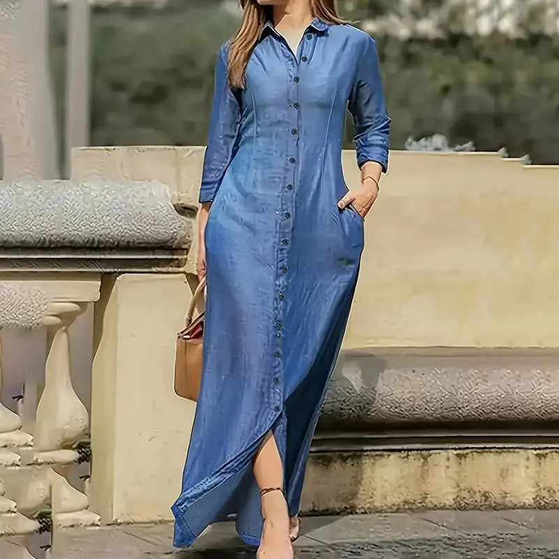 Womens Casual Button Down Denim Maxi Dress Long Sleeve Long Jean Dresses With Pockets Lady T Fashions