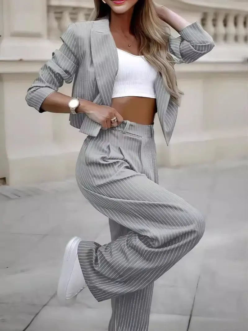 Women's Spring Fashion Striped Suits Casual Lapel Long Sleeve Cropped Top And Straight Pants Outfits Women's Clothing Lady T Fashions