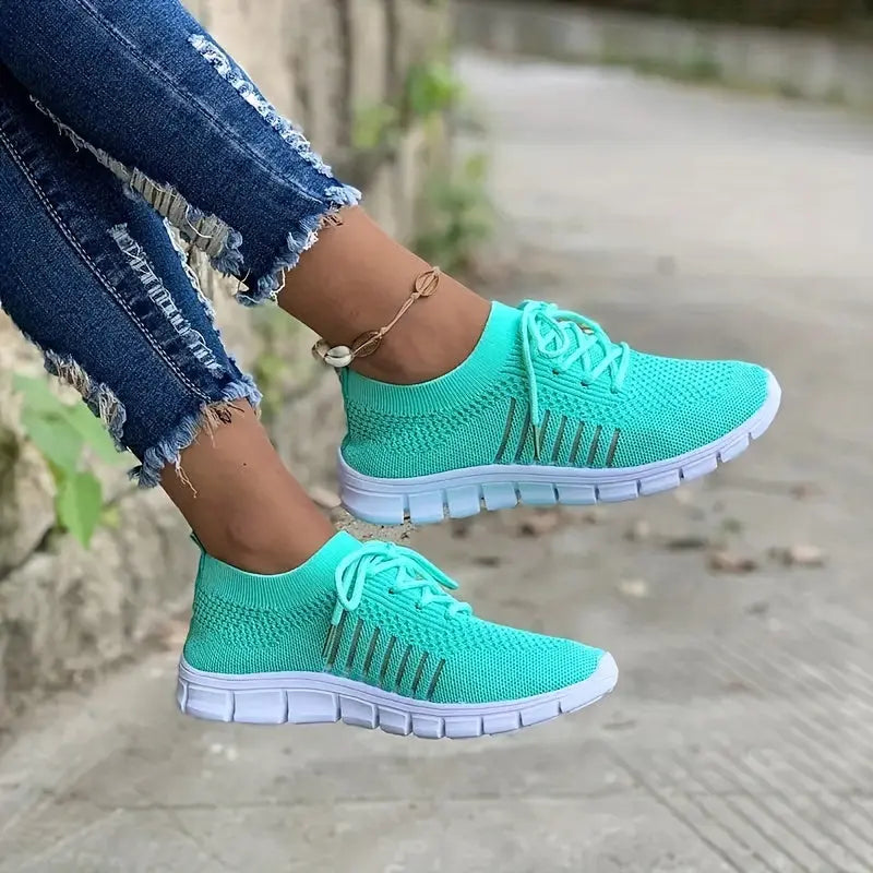 Women's Mesh Breathable Running Shoes, Solid Color Lace Up Front Summer Walking Shoes, Flying Woven Casual Sneakers Lady T Fashions
