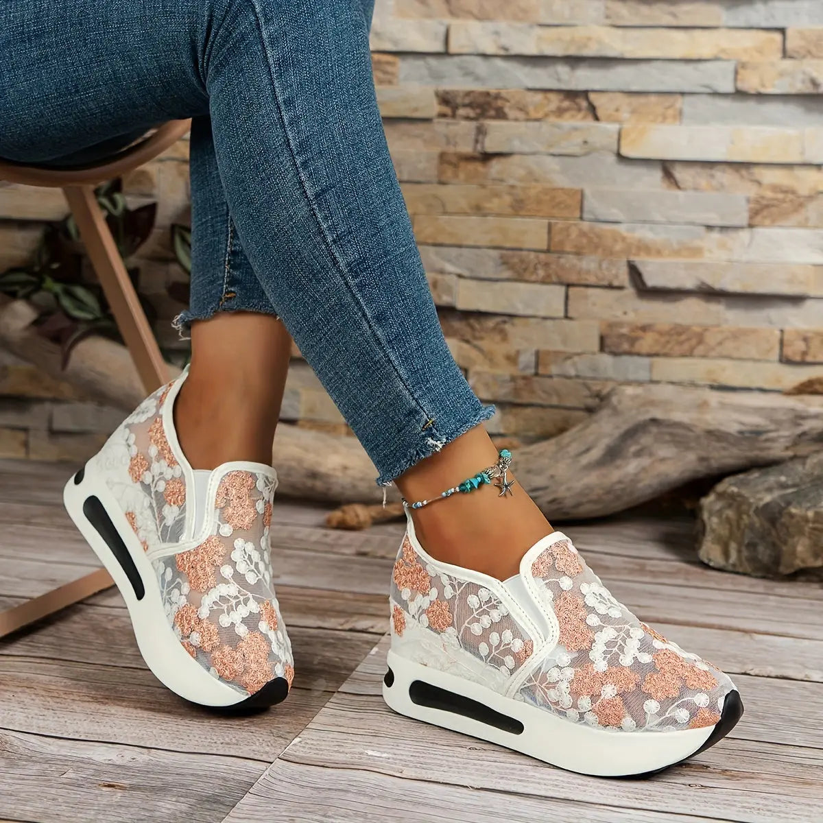Stunning Floral Lace Platform Shoes - Fashion Sneakers with Height Increasing, Slip-On Design, Low Top Style, and Versatile Casual Wear - Perfect for Everyday Outings and Special Occasions Lady T Fashions