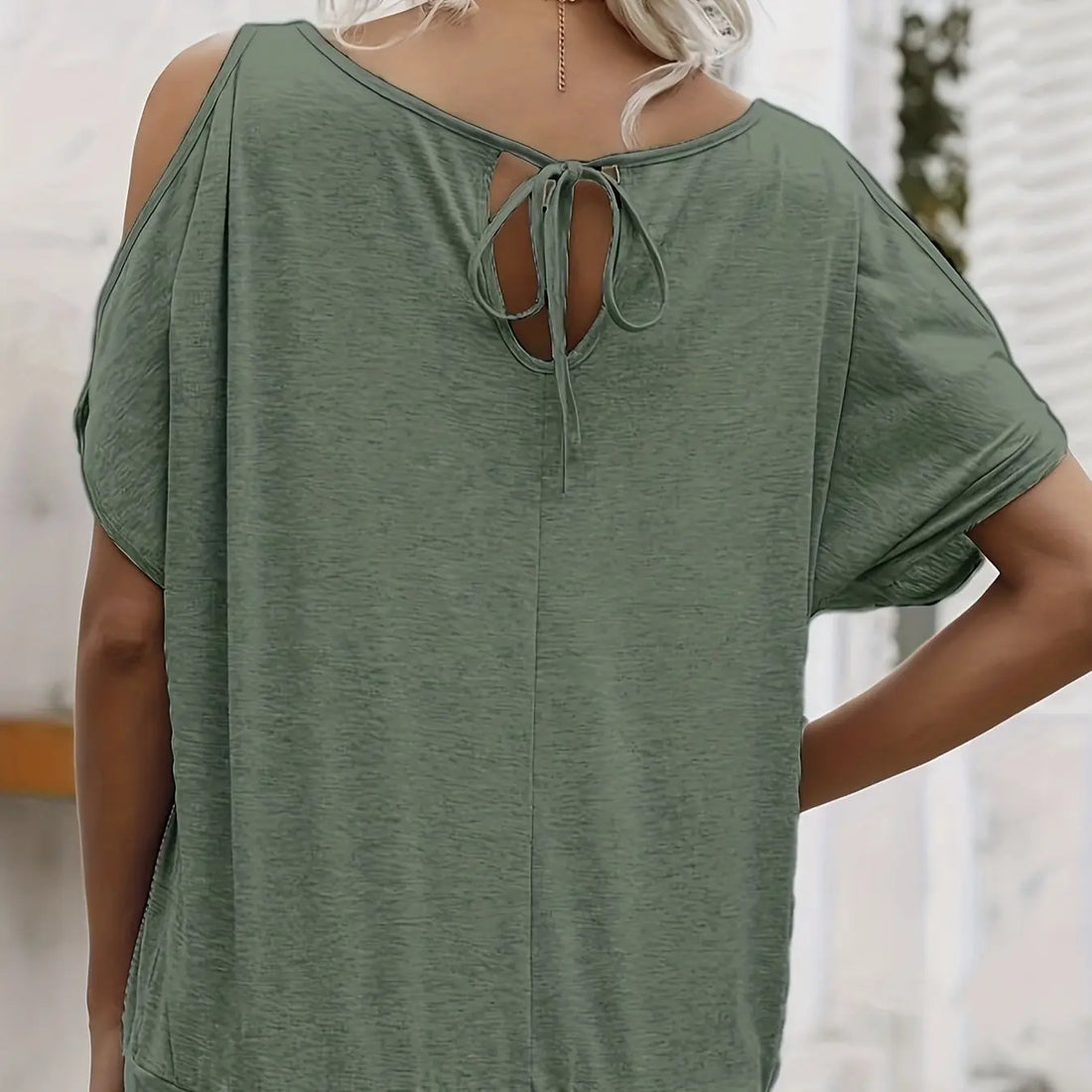 Women's Solid Color Off Shoulder Split Sleeve Round Neck Loose T-shirt Lady T Fashions
