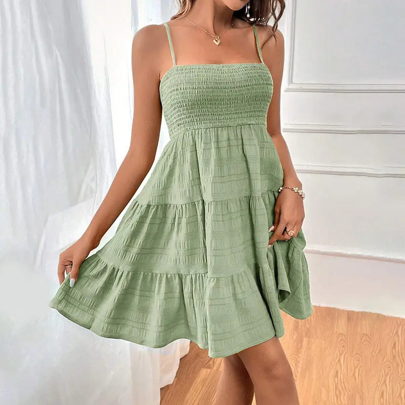 Women's Spaghetti Strap Sleeveless Smocked A-Line Swing Mini Dress, Elegant Casual Summer Dress Lady T Fashions
