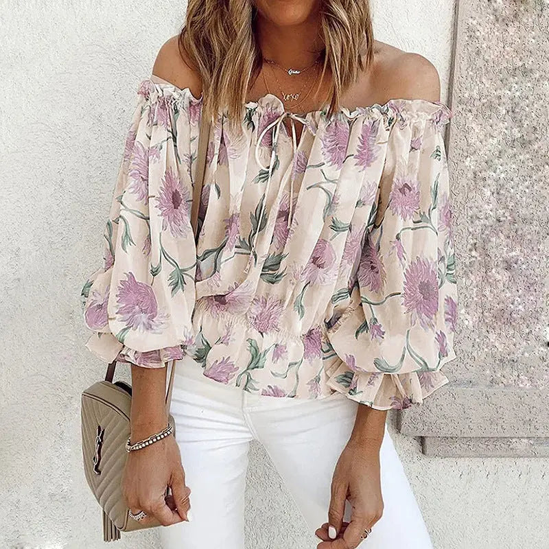 Womens Summer Off Shoulder Blouse Floral Print Ruffle Sleeve Casual Chiffon Tops Shirts Lady T Fashions