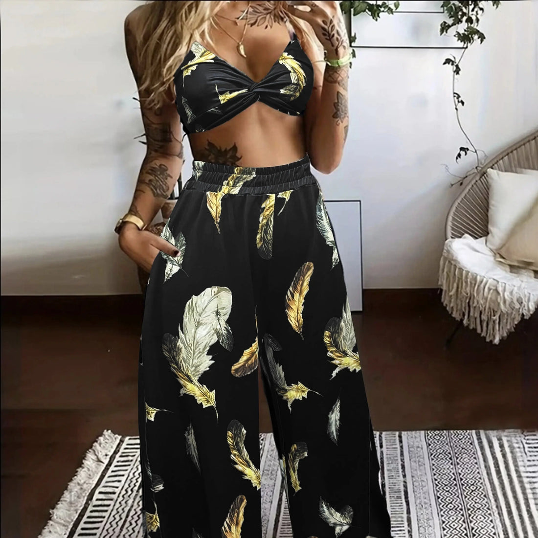 Ladies' High Waist Drawstring Feather Flower Printed Pants, Beach Pocket Pants, Sexy Top Set Lady T Fashions