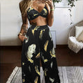 Ladies' High Waist Drawstring Feather Flower Printed Pants, Beach Pocket Pants, Sexy Top Set Lady T Fashions