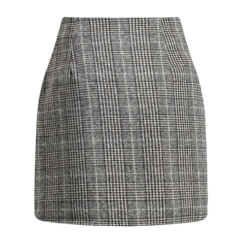 Women's High Waist Plaid Tight Pencil Wool Mini Skirt Lady T Fashions