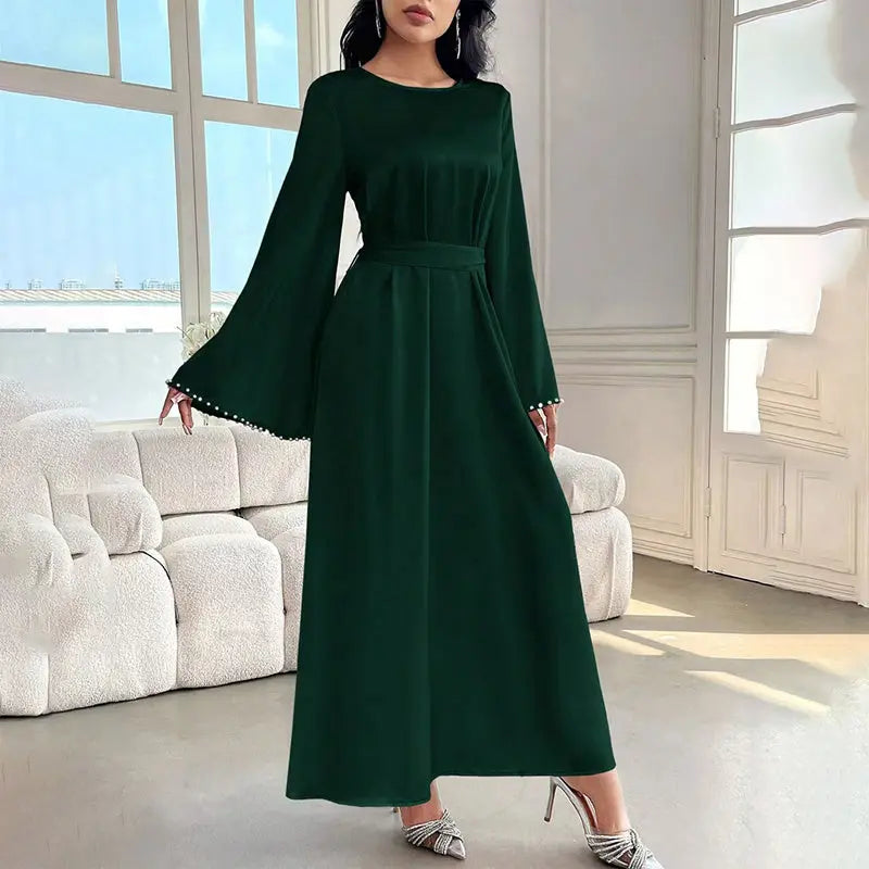 Elegant Round Neck Solid Color Flared Maxi Dress Long Sleeve With Pearl Cuff Detail, Modest A-Line Middle Eastern Abaya Party & Vacation Dress For Women Lady T Fashions