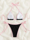 Contrast Trim Tie Side 2 Piece Bikini Swimsuit, Triangle Halter Tie Back Neck Stretchy Beachwear, Cute & Sexy, Women's Swimwear & Clothing Lady T Fashions