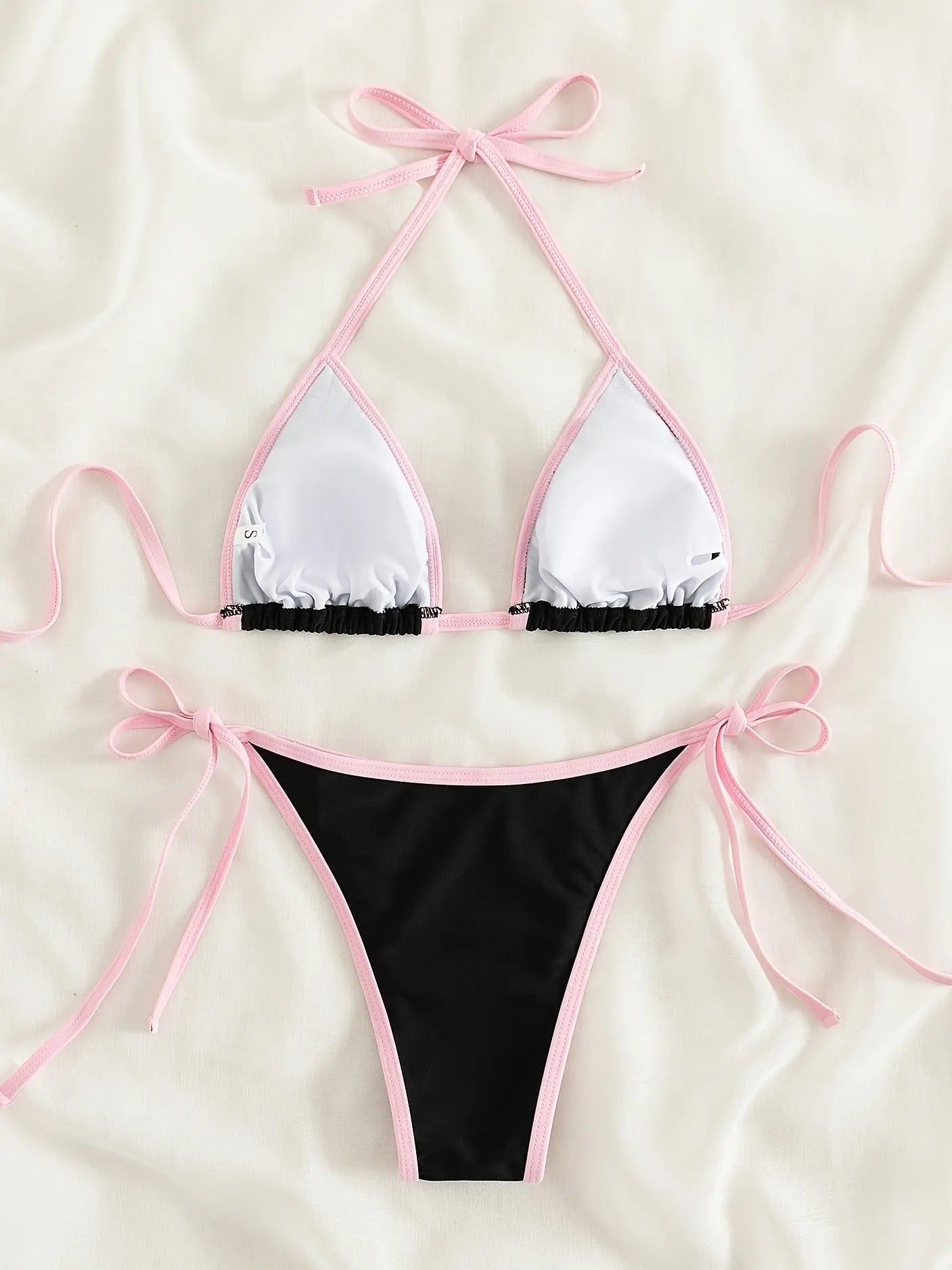 Contrast Trim Tie Side 2 Piece Bikini Swimsuit, Triangle Halter Tie Back Neck Stretchy Beachwear, Cute & Sexy, Women's Swimwear & Clothing Lady T Fashions