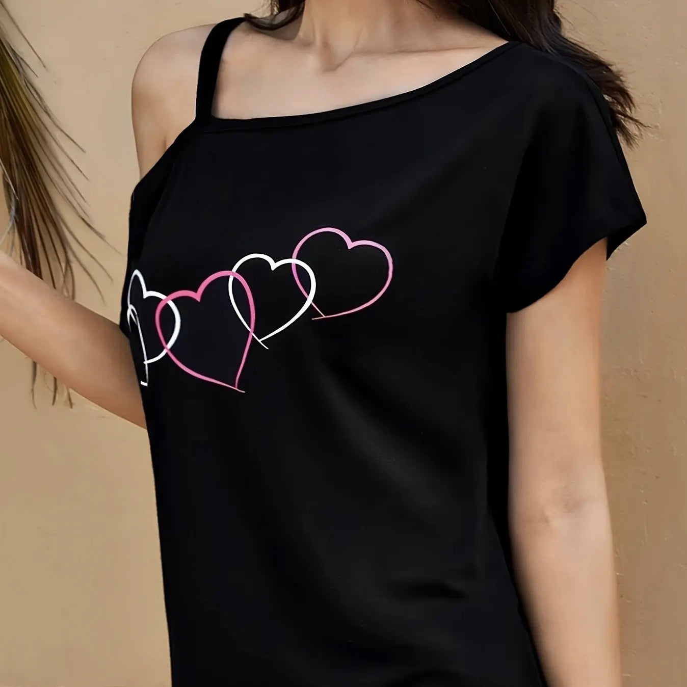 Ladies' Fashion Asymmetrical Neck Heart-shaped Printed Top Casual Pullover Slanted Shoulder Collar Shirt Lady T Fashions