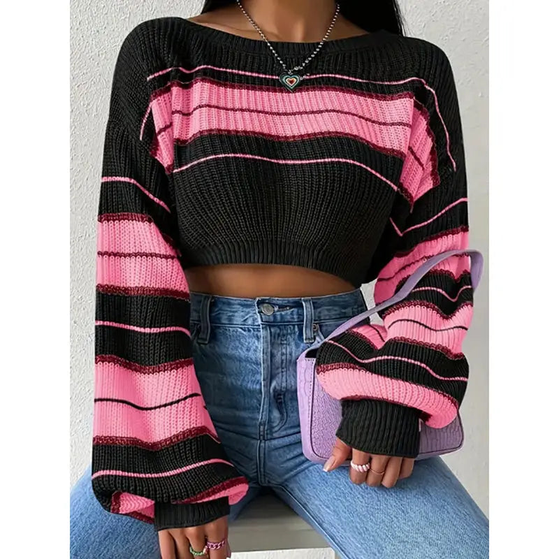 Women's Color Block Striped Sweater Crew Neck Lantern Sleeve Cropped Pullover Tops Lady T Fashions