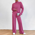 Women's Solid Color 2-Piece Set High Neck Long Sleeve Top & Pants, Striped Loungewear For Fall&Winter Lady T Fashions