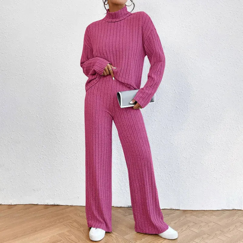 Women's Solid Color 2-Piece Set High Neck Long Sleeve Top & Pants, Striped Loungewear For Fall&Winter Lady T Fashions