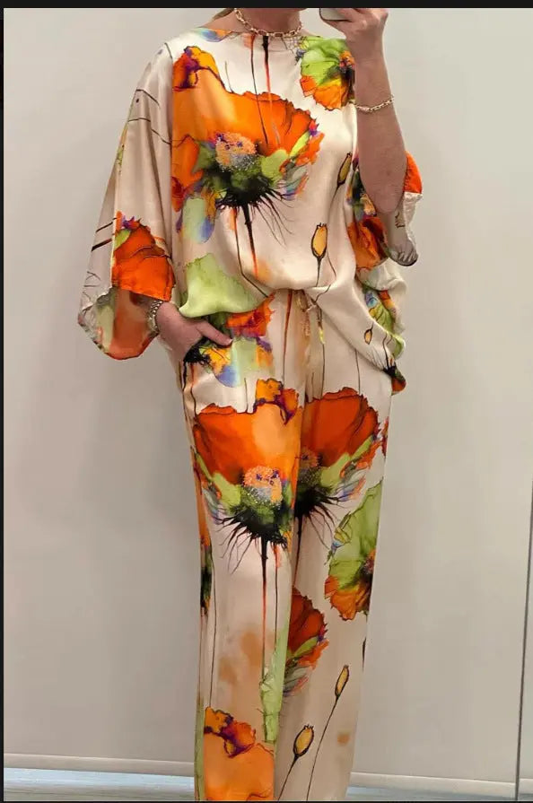 Indian Casual Round Neck Printed Satin Suit Lady T Fashions