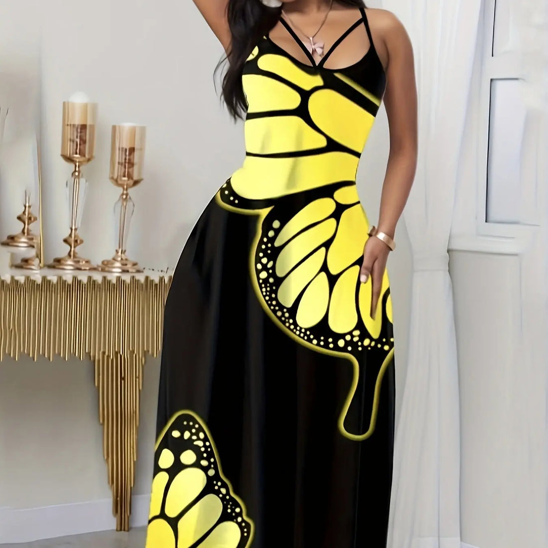 Ladies' V-neck Fashionable Butterfly Print Black Long Skirt Dress Lady T Fashions