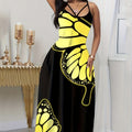 Ladies' V-neck Fashionable Butterfly Print Black Long Skirt Dress Lady T Fashions